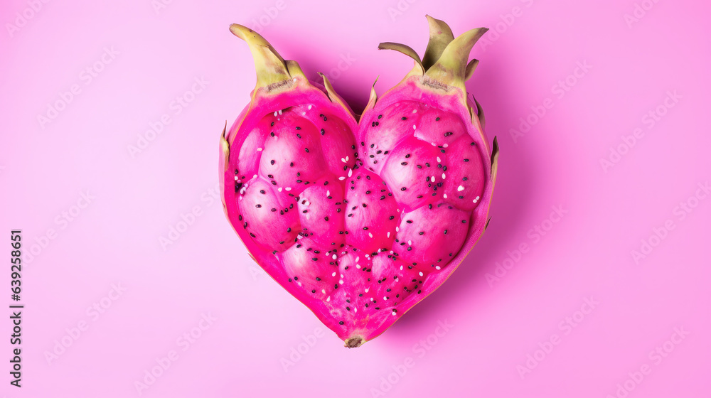 Generative AI, dragon fruit heart, pink juicy ripe pitahaya, exotic fruits, valentine, valentine's day card, carving, table decoration, space for text, top view