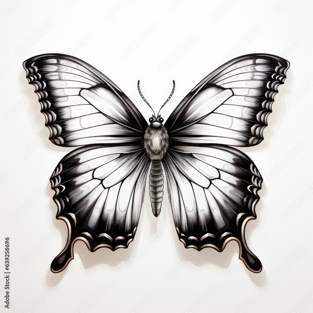 Simple drawing of a butterfly in black on a white background. Black and ...