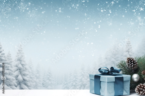 Blue gift boxes with Christmas balls and fir tree on snow background © Chalermpon