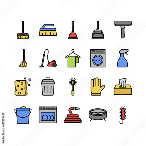 Cleaning tools filled outline icon set	
