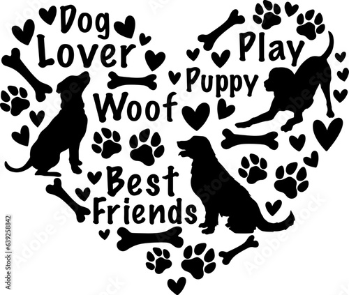 Dog lover Heart vector illustration, Funny dog quote, Paw print animals silhouette