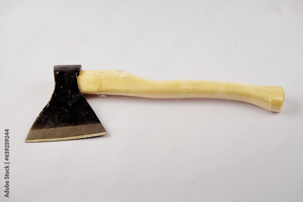 Axe. chopper. Construction tools.Gardening tools, a hoe. a set of tools for the gardener. Gardening. The concept of spring work in the garden, a home hobby. On a white isolated background.space for t Axe. chopper. Construction tools.Gardening tools, a hoe. a set of tools for the gardener. Gardening. The concept of spring work in the garden, a home hobby. On a white isolated background.space for t