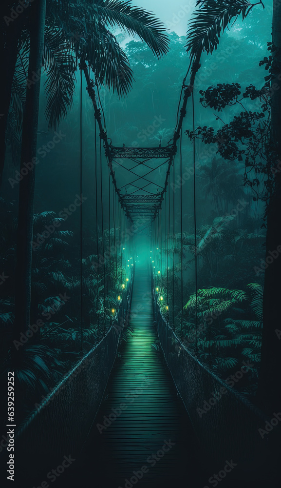 Fototapeta premium A Suspension Rope Bridge in The Misty Green Jungle