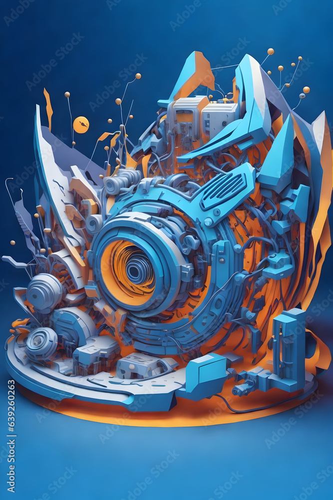 Future Machine 3D vector Art with top angle,soft ligth, and blue colour. It  can be used for t- shirt and others mockup design. Generative AI