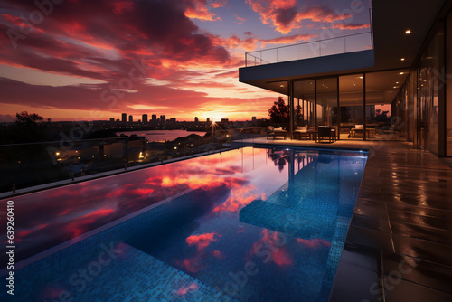 sunset over a luxurious Villa. Generative AI © Varma