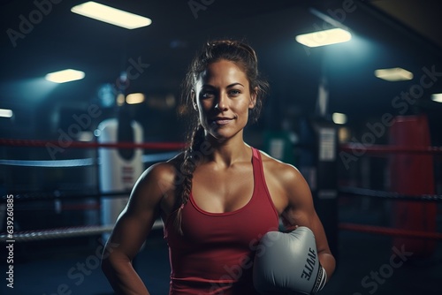 Portrait of female boxer wearing boxing gloves during training in gym.
