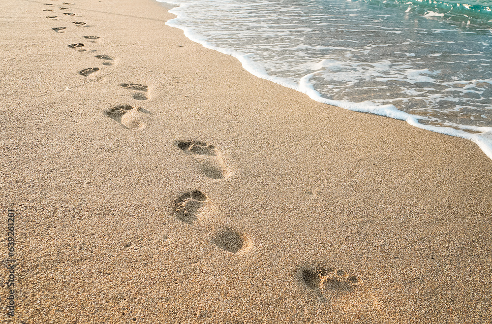 Footprints of human feet on the sand near the water on the beach Footprints of human feet on the sand near the water on the beach