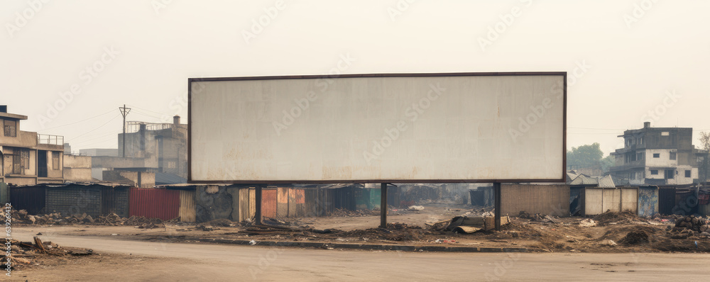 Empty white billboard in a slum area