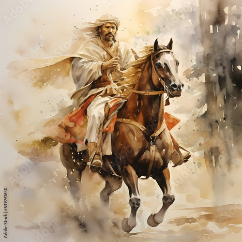 King riding a horse. Watercolor illustration, abstract art.