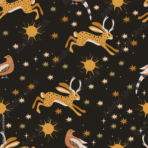 Horned hare, fairy-tale characters. Stars, night. Seamless pattern. Vector illustration