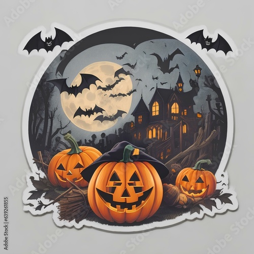 halloween t-shirt logo sticker with pumpkin,boo, skull,witch,moon,bat,broom,  created by ai generated