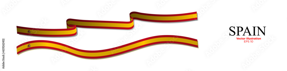 3d Rendered Spanish Flag Ribbons with shadows. Long Flag of Kingdom of Spain Set. Curled and rendered in perspective. Graphic Resource. Editable Vector Illustration.
