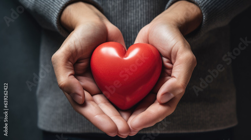 Hands holding a red heart. Created with Generative AI technology.