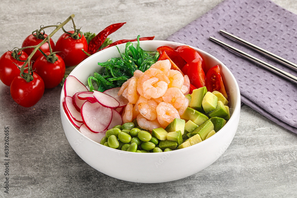 Hawaian cuisine - Poke with cocktail shrimps Hawaian cuisine - Poke with cocktail shrimps