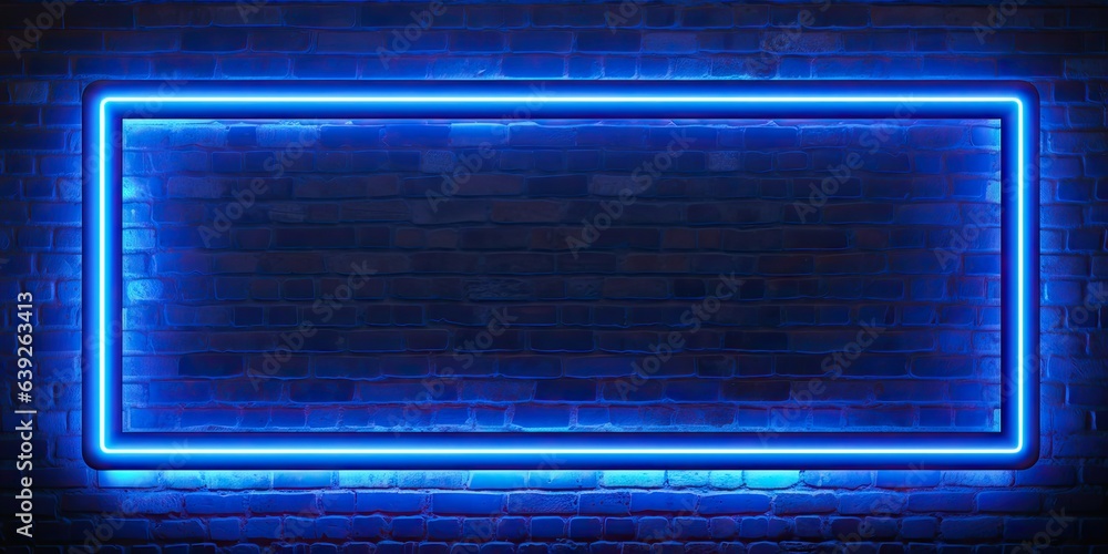 Neon glow. Urban elegance of brick wall lights for texts. Nightlife radiance. Blue lights on black brick wall. Luminous contrasts Neon glow. Urban elegance of brick wall lights for texts. Nightlife radiance. Blue lights on black brick wall. Luminous contrasts