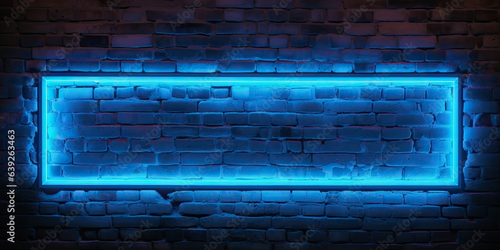 Neon glow. Urban elegance of brick wall lights for texts. Nightlife radiance. Blue lights on black brick wall. Luminous contrasts Neon glow. Urban elegance of brick wall lights for texts. Nightlife radiance. Blue lights on black brick wall. Luminous contrasts