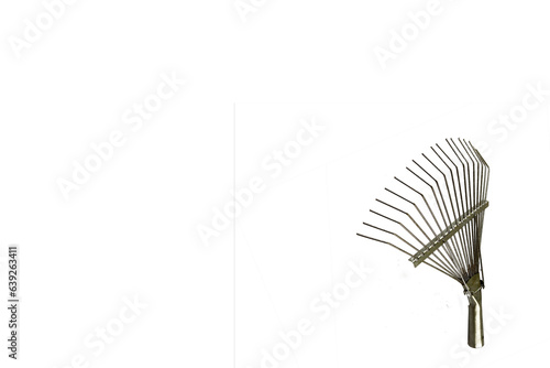 Metal rake for collecting leaves in the garden. wonderful gardening tools.Shovel, shovel-shovel shovel.hoe, rake. a set of tools for the gardener.On a white isolated background.space for text. 