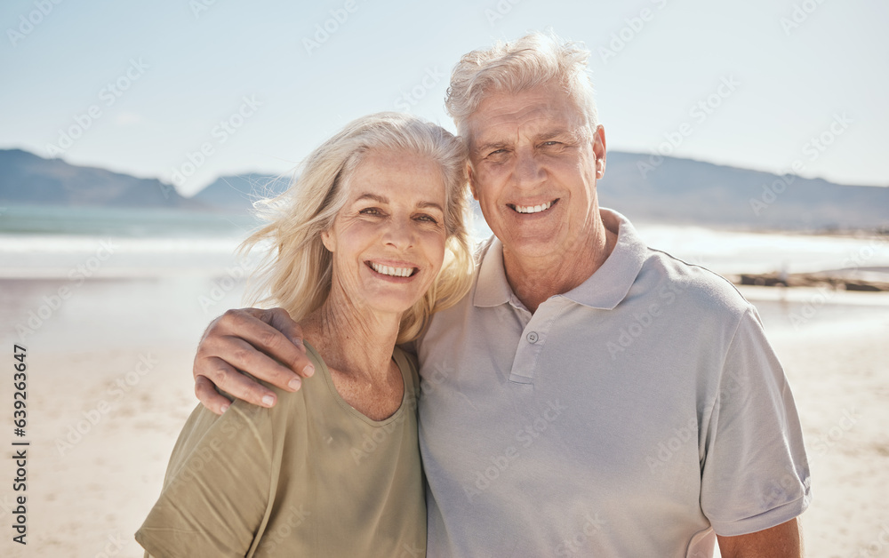Smile, portrait and senior couple at the beach on retirement anniversary vacation together. Happy, love and elderly man and woman by ocean on romantic holiday, adventure or weekend trip in Australia.
