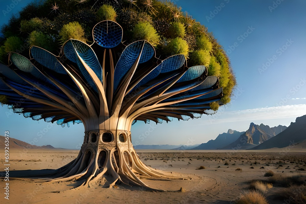 tree in the desert, inspiring biotechnology gigantic tree, adorned with pulsating bioluminescent leaves, situated in an otherworldly desert - obrazy, fototapety, plakaty 