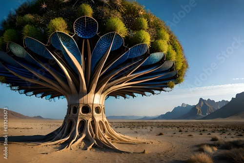 tree in the desert, inspiring biotechnology gigantic tree, adorned with pulsating bioluminescent leaves, situated in an otherworldly desert © Liam
