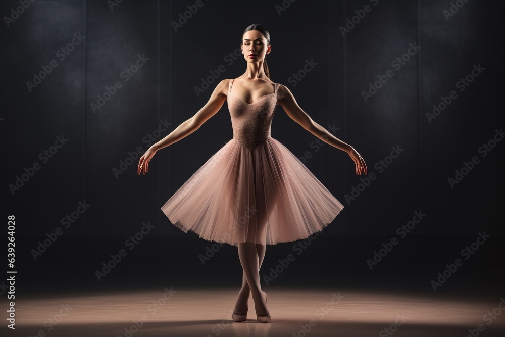 Beautiful ballerina posing in a dark studio with pink tutu - obrazy, fototapety, plakaty 
