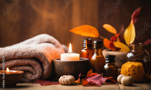 Autumn spa and aromatherapy setup, Displaying elements like aromatic candles, essential oils infused with autumn herbs, and dried fall leaves photo
