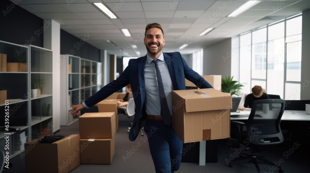 Businessman is moving to a new office. Holding a box of things in his hands. Created with Generative AI technology. Businessman is moving to a new office. Holding a box of things in his hands. Created with Generative AI technology.
