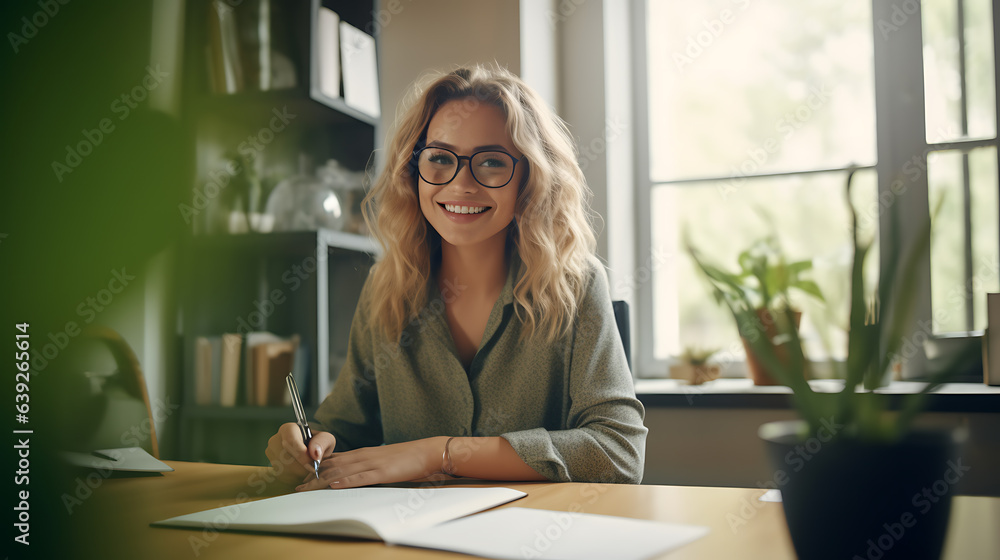 Image of young beautiful woman writing down notes while sitting at table in office.Created with Generative AI technology. Image of young beautiful woman writing down notes while sitting at table in office.Created with Generative AI technology.