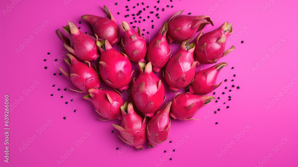 Generative AI, dragon fruit heart, pink juicy ripe pitahaya, exotic fruits, valentine, valentine's day card, carving, table decoration, space for text, top view Generative AI, dragon fruit heart, pink juicy ripe pitahaya, exotic fruits, valentine, valentine's day card, carving, table decoration, space for text, top view