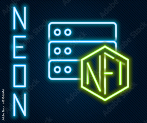 Glowing neon line NFT blockchain technology icon isolated on black background. Non fungible token. Digital crypto art concept. Colorful outline concept. Vector