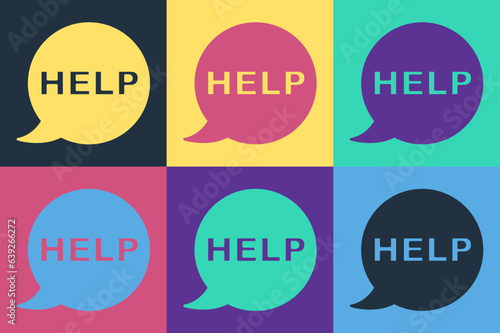 Pop art Speech bubble with text Help icon isolated on color background. Vector