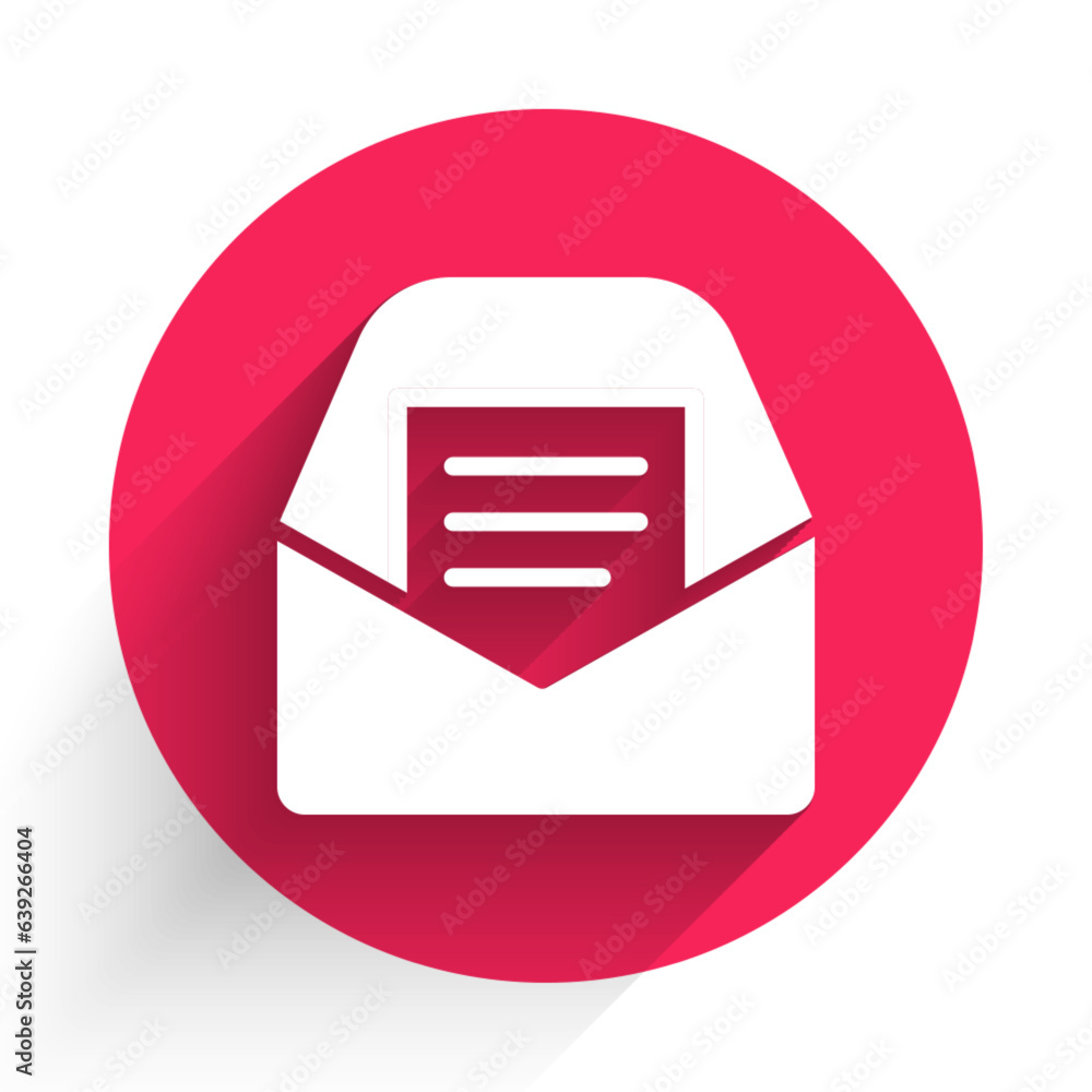 White Mail and e-mail icon isolated with long shadow. Envelope symbol e-mail. Email message sign. Red circle button. Vector White Mail and e-mail icon isolated with long shadow. Envelope symbol e-mail. Email message sign. Red circle button. Vector