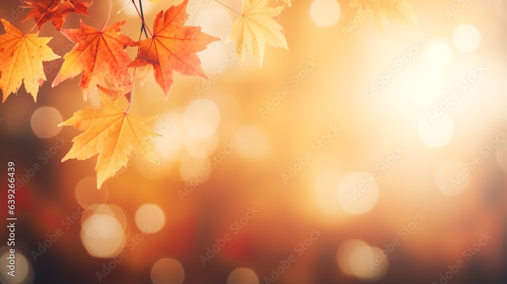 Autumn blurred background with frame of orange, gold and red maple leaves, Genertative AI