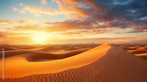 Golden sunset over tranquil desert dunes 