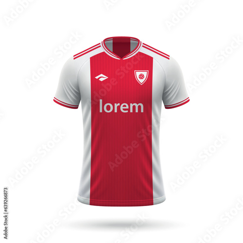 Photography 3d realistic soccer jersey in Ajax style, shirt template football kit 2023
