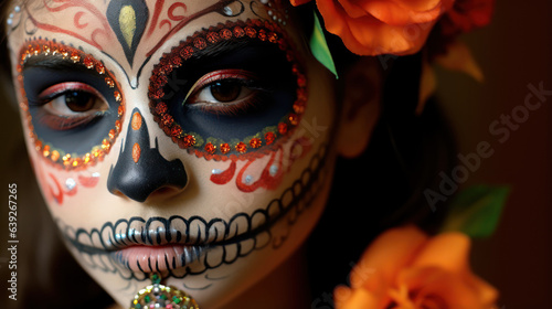 Portrait of a woman with sugar skull makeup for Mexico's Day of the Dead, Dia De Los Muertos. AI Generated.