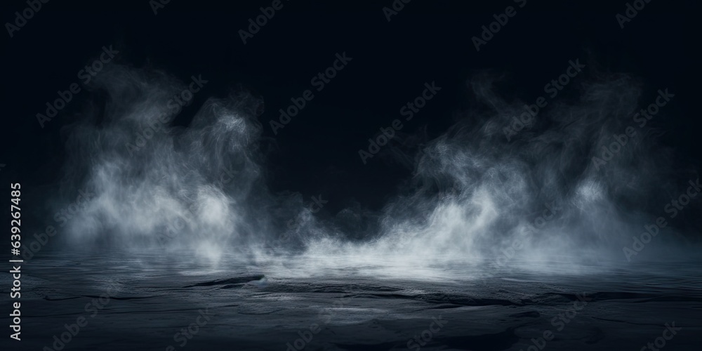 Naklejka premium Mystical mist. Swirling smoke in dark and light symphony. Fluid fantasia. Abstract dance of fog and light on floor with black background