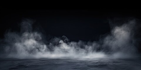 Mystical mist. Swirling smoke in dark and light symphony. Fluid fantasia. Abstract dance of fog and light on floor with black background