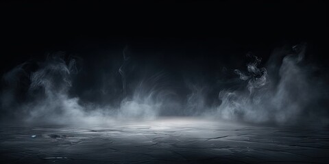 Mystical mist. Swirling smoke in dark and light symphony. Fluid fantasia. Abstract dance of fog and light on floor with black background