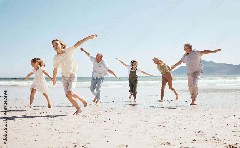 Running, freedom and family on beach, airplane and game with travel and fun, grandparents with parents and kids outdoor. Playful, energy and playing together, ocean and care free on tropical vacation Running, freedom and family on beach, airplane and game with travel and fun, grandparents with parents and kids outdoor. Playful, energy and playing together, ocean and care free on tropical vacation