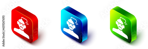 Isometric Concussion, headache, dizziness, migraine icon isolated on white background. Red, blue and green square button. Vector