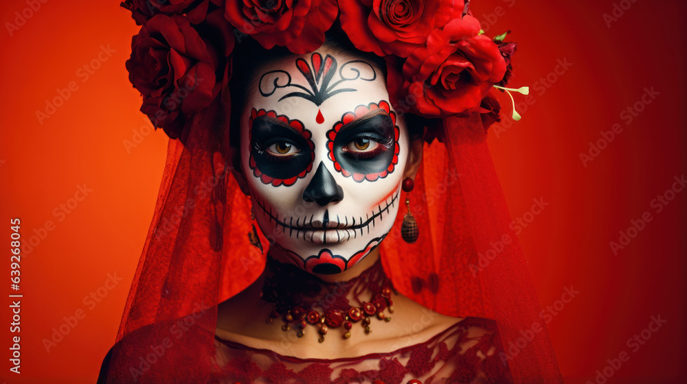 Portrait of a woman with sugar skull makeup for Mexico's Day of the Dead, isolated on red backgroun. AI Generated. Portrait of a woman with sugar skull makeup for Mexico's Day of the Dead, isolated on red backgroun. AI Generated.