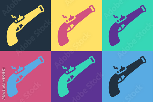 Pop art Vintage pistol icon isolated on color background. Ancient weapon. Vector