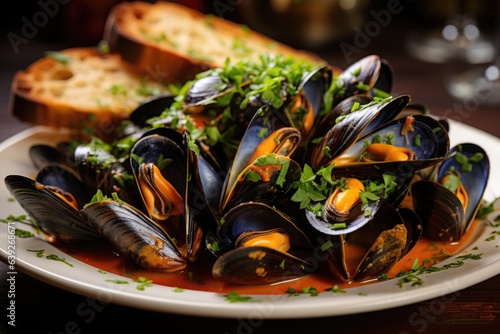 Mussels with lemon, bread and parsley