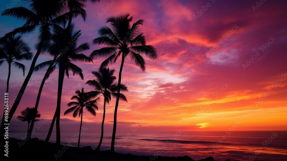 Silhouette of palm trees against fiery sunset sky
