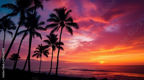 Silhouette of palm trees against fiery sunset sky 