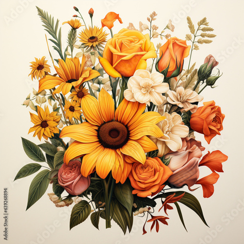 Beautiful autumn bouquet on beige background. Flat lay, top view.Generative AI