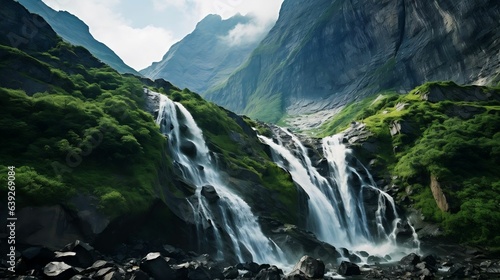 Waterfall cascading down rugged mountain terrain 