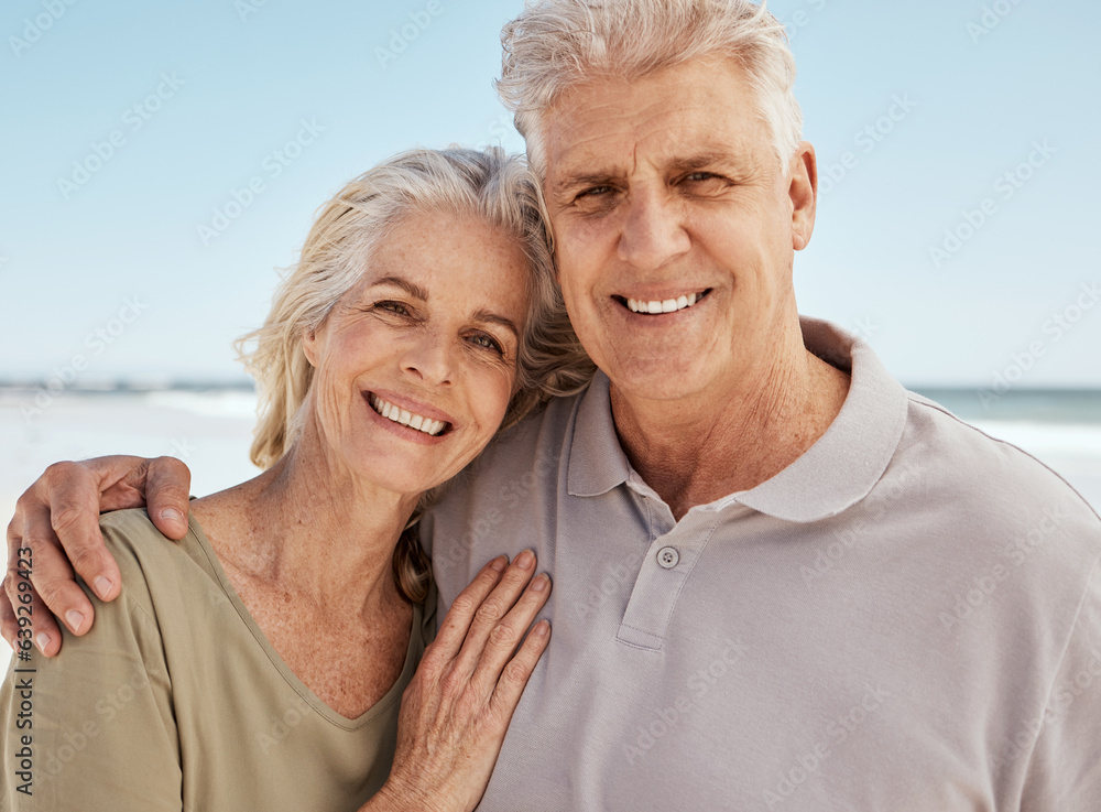 Senior, portrait and happy couple on beach holiday, bonding or weekend in love, care or support. Mature man and woman smile in happiness for outdoor vacation, date or relationship on the ocean coast