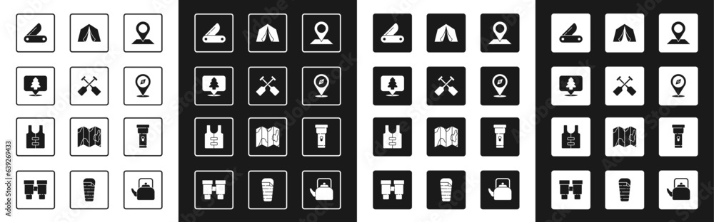 Set Location, Paddle, of the forest, Swiss army knife, Compass, Tourist tent, Flashlight and Life jacket icon. Vector Set Location, Paddle, of the forest, Swiss army knife, Compass, Tourist tent, Flashlight and Life jacket icon. Vector